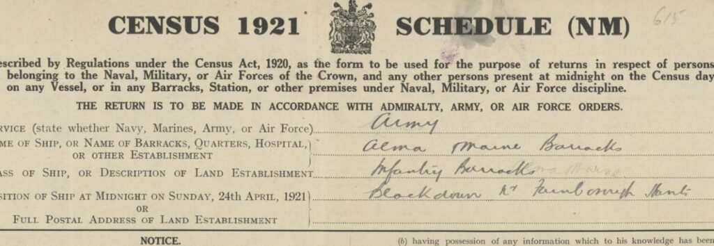 Address snippet army barracks 1921 census