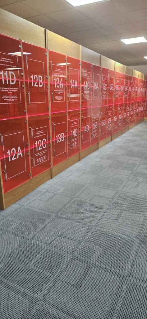 Red lockers with white digits in a row
